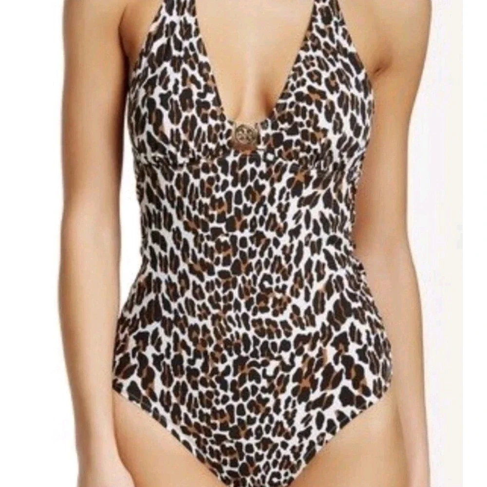 Tory Burch Leopard Print One Piece Swimsuit Womens‎ Medium Brown Excellent Logo